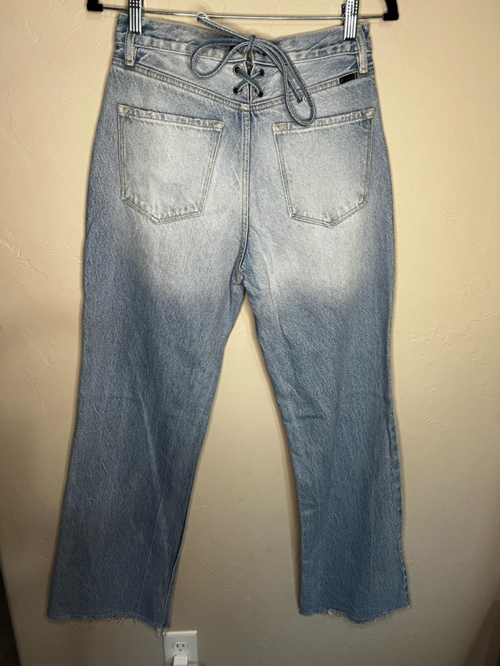 Kancan Maryville High Rise Tie Back 90’s  Flare Button Fly Raw Hem Denim Jeans - Picture 11 of 16